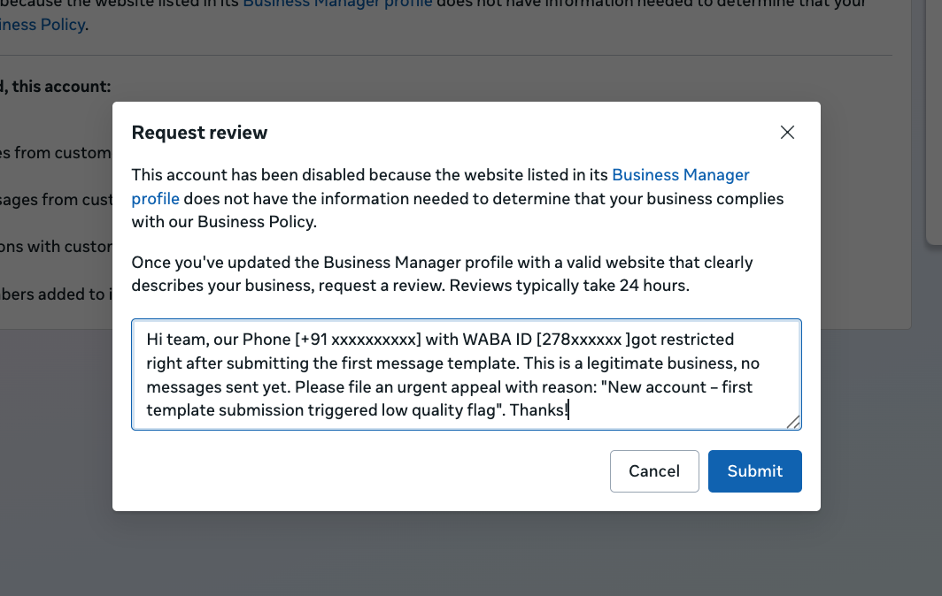 Add review and Submit Appeal